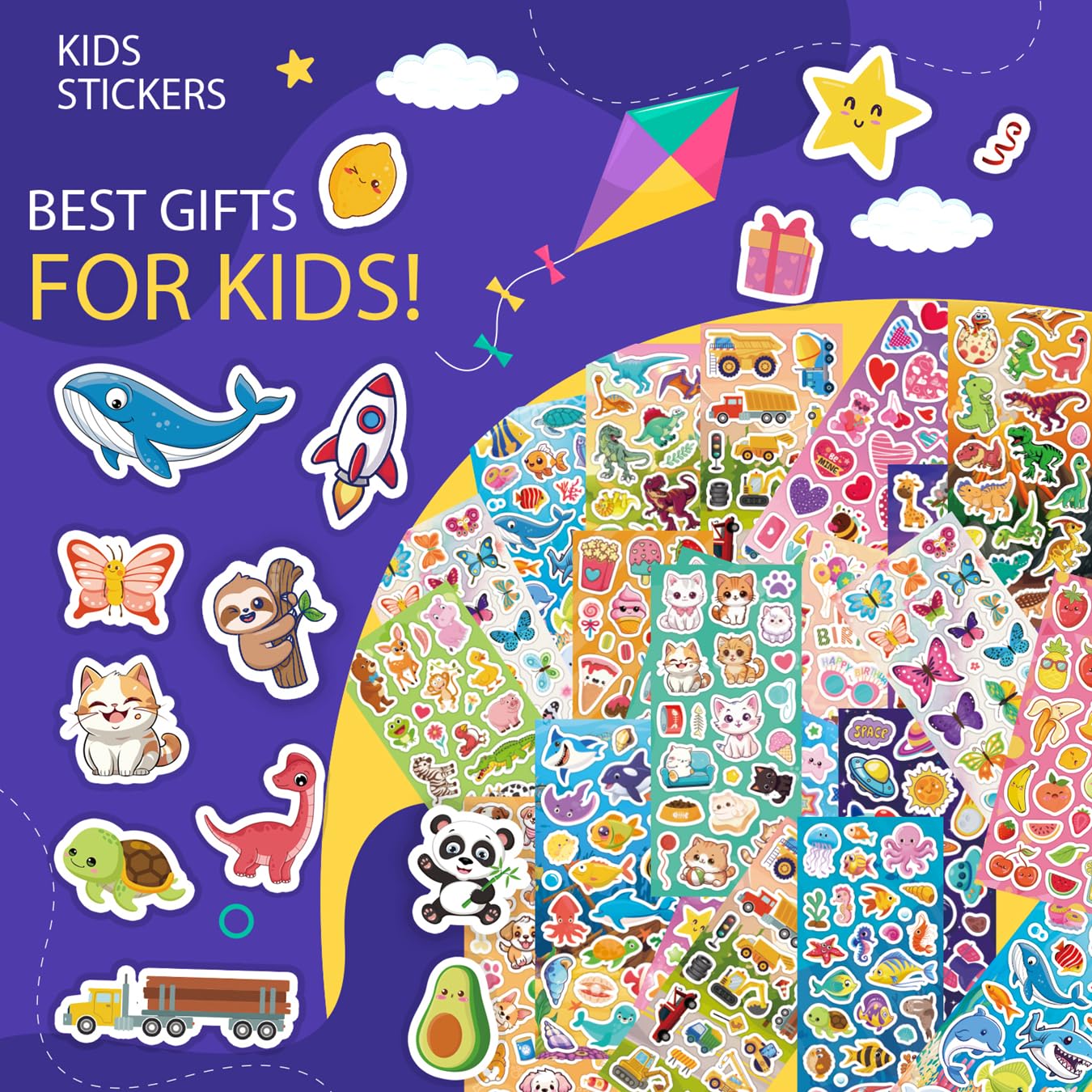 36 Sheets Stickers for Kids, 800+ Stickers for Scrapbooking Including Animals, Fruits, Dinosaurs, Hearts, Cats, Fish, Cars, Space and More, Party Favors for Kids