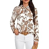 Rooscier Women's Bohemian Print Frill Notch V Neck Tie Knot Long Sleeve Ruched Blouse Tops