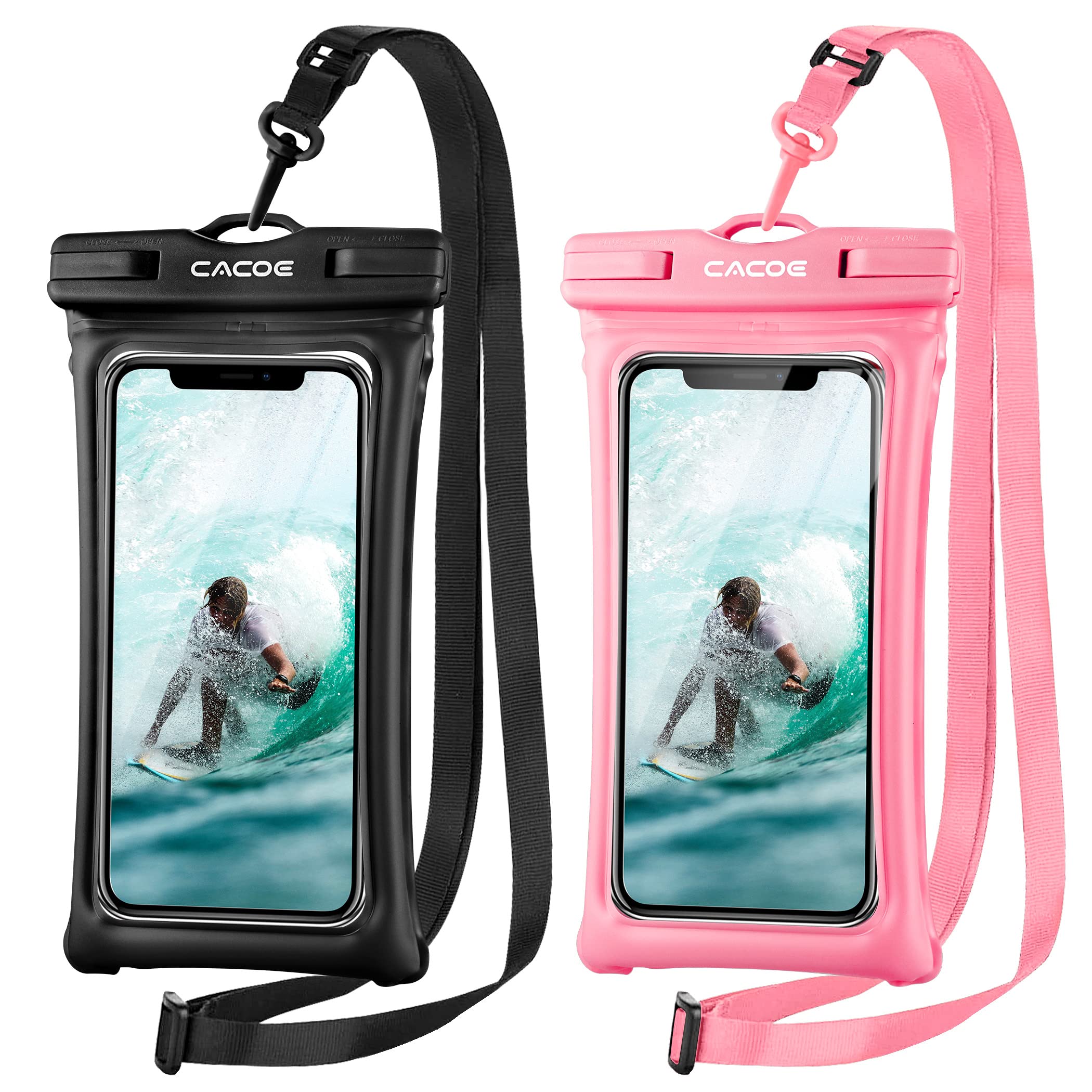 Photo 1 of CACOE [Floatable] Floating Universal Waterproof Phone case 2 Pack-Up to 7.0",Phone Pouch with Adjustable Neck Lanyard,IPX8 Cellphone Dry Bags for Vacation Water Activities?Black+Pink?