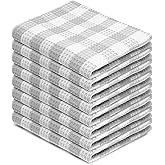 Blue Needles Set of 8 Waffle Weave Check Plaid Dish Cloths, 12x12 Inches 100% Cotton Dish Towels for Kitchen, Ultra Soft & Absorbent Kitchen Towels for Quick Drying Spring Summer - Ash Grey & White