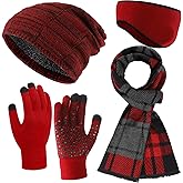 Jeere 4 Pcs Winter Hats Scarf Gloves Earmuff Set for Men Fleece Lined Knit Beanies Warm Scarf Touch Screen Gloves Earmuff (Red)