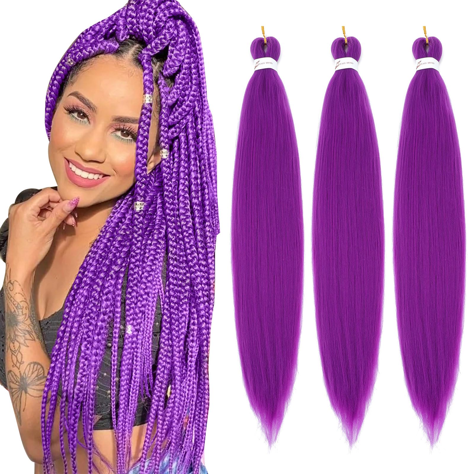 Easy Braid Pre stretched Braiding Hair Extensions - 26 Inch 3Packs Braiding Hair Soft Yaki Texture Crochet Synthetic Hair for Woman Hot Water Setting Crochet Braiding Hair Extensions (Purple#) — image 1