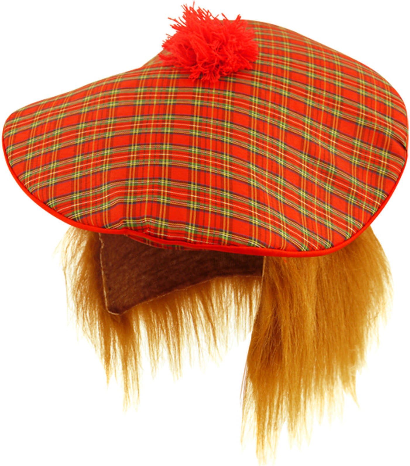 New Tartan Scottish Hat and Ginger Hair Wig Scots Fancy Dress (Red)