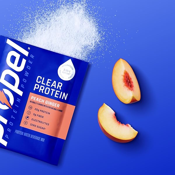 PROPEL CLEAR PROTEIN POWDER, PEACH GINGER, (5 SERVINGS), 20G PROTEIN, ZERO SUGAR, 3G FIBER, 90 CALORIES, NO ADDED COLORS, NO ARTIFICIAL SWEETENERS OR FLAVORS, ELECTROLYTES