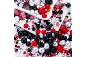 MYYKO 60g Red Black Pearls Rhinestones for Crafts Mixed Size 3mm-10mm AB Color Round Half Pearls Flatback Pearl Beads and Resin Rhinestones Set for Face Art with Gle