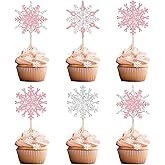 Gyufise 24Pcs Snowflake Cupcake Toppers Double Layer Frozen Cupcake Picks Winter Wonderland Cake Decorations for Snowflake Theme Baby Shower Birthday Merry Christmas Party Supplies Pink Silver