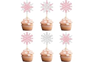 Gyufise 24Pcs Snowflake Cupcake Toppers Double Layer Frozen Cupcake Picks Winter Wonderland Cake Decorations for Snowflake Theme Baby Shower Birthday Merry Christmas Party Supplies Pink Silver