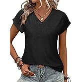 Women V Neck Pleated Short Sleeve Tops Summer Casual Tee Shirts Relaxed Basic Tunic Blouse