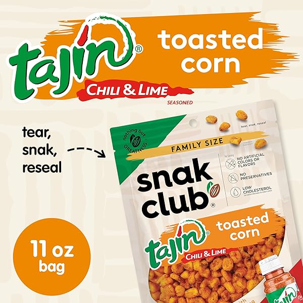 SNAK CLUB TAJIN TOASTED CORN, ROASTED CORN NUGGETS WITH CHILI AND LIME SEASONING, MILD, NON-GMO, GLUTEN-FREE, KOSHER SNACK, NO ARTIFICIAL COLORS OR FLAVORS, LOW CHOLESTEROL, 11 OZ RESEALABLE BAG