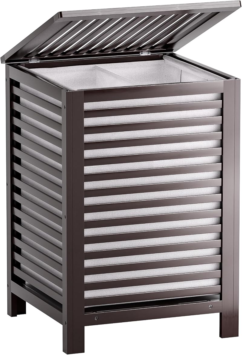 SMIBUY Double Laundry Hamper 120L Bamboo with Lid 2-Compartment Sorter