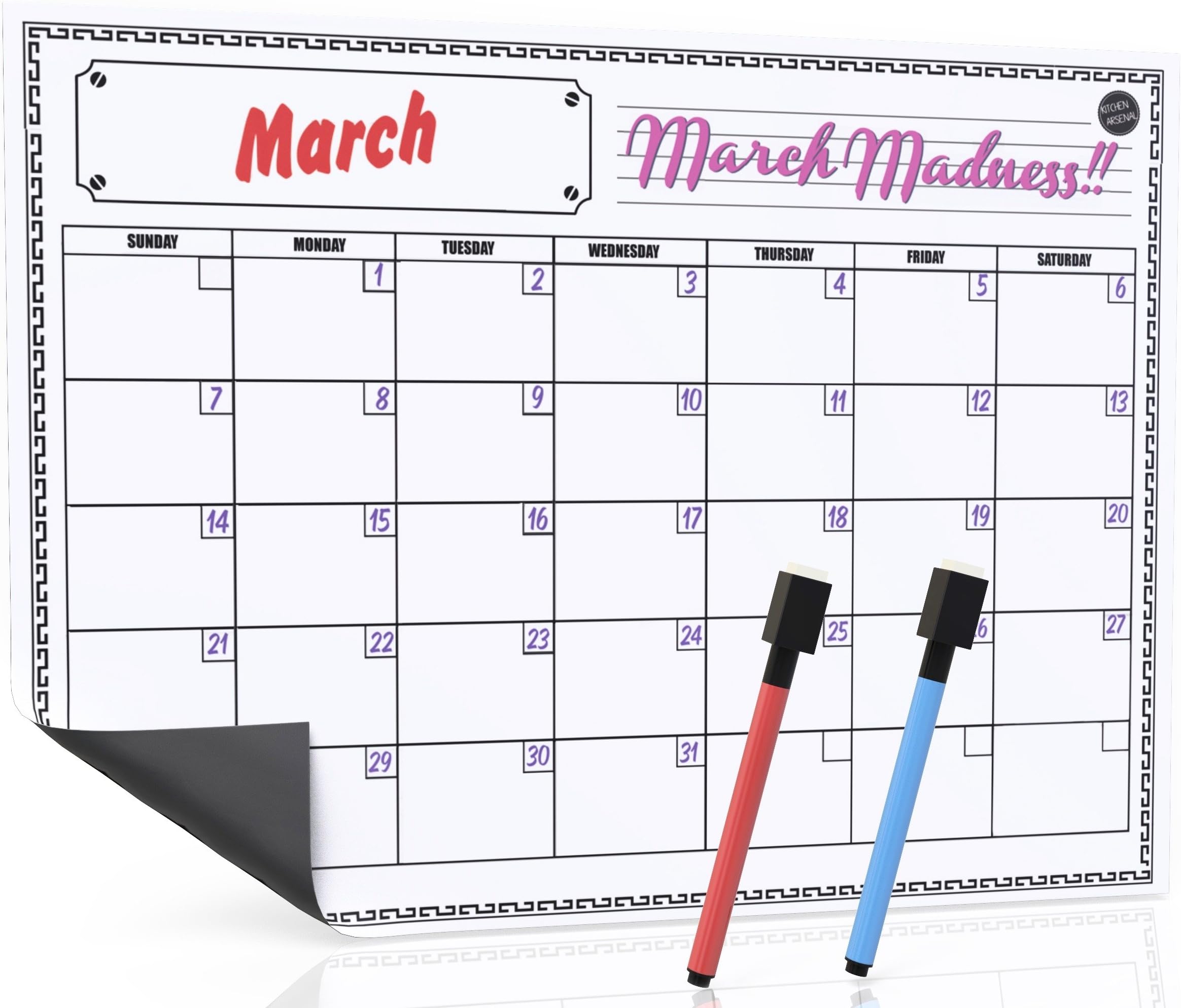 16"x12" Whiteboard Monthly Dry Erase Magnetic Calendar for Refrigerator, White Fridge Planner Board, Red & Blue Eraser Markers Included