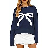 Milumia Women's Bow Print Drop Shoulder Long Sleeve Sweater Crew Neck Knit Fall Tops