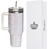 Buyso 40 Oz Bling Tumbler With Handle Rhinestones Tumbler With Lid and Straw Fix for Car Cup Holder Insulated Stainless Steel Double Wall Water Cup Travel Mug Tumblr For Women(40 oz, White