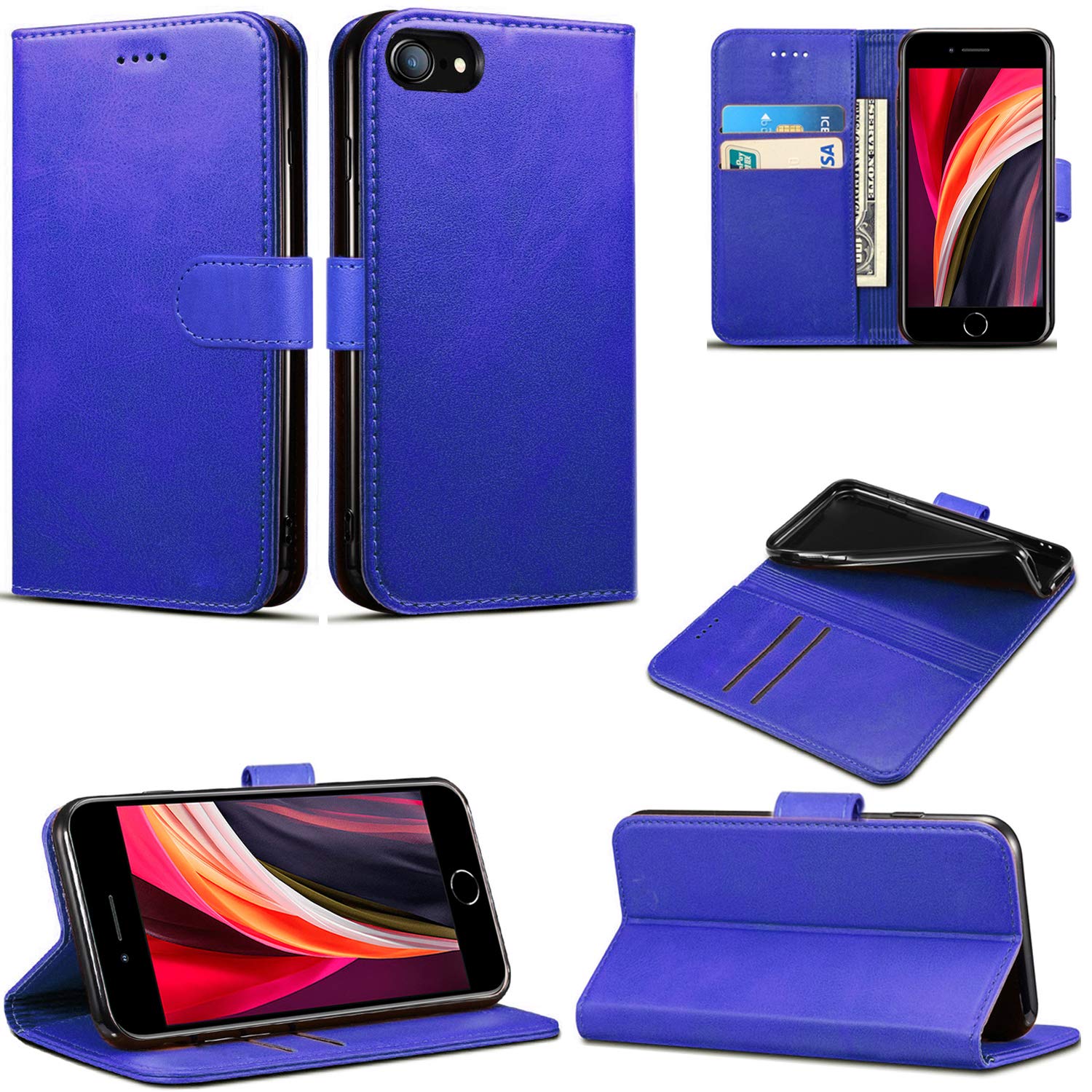 Case for iPhone SE 2022 / iPhone SE 2020, Slim PU Leather Flip Protective Magnetic Wallet Cover With Card Holder and Stand Function Compatible With Apple iPhone SE 2022 / SE 2020 (4.7") (Blue)