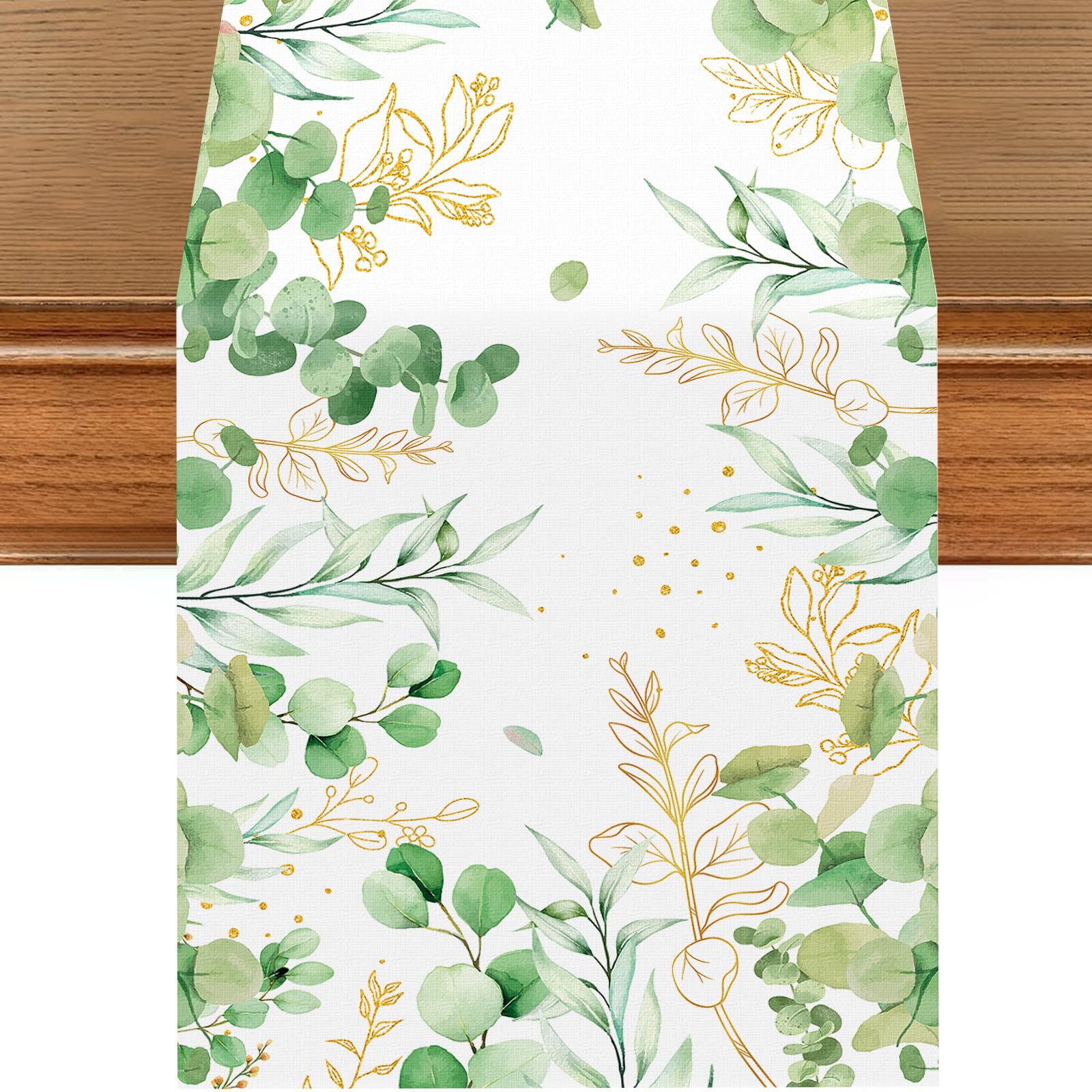 Green Eucalyptus Leaves Table Runner, Seasonal Linen Table Decor Farmhouse Decor Floral Leaves Spring Table Runner for Kitchen Dining, Weddings Holiday Decor, Home Party Decoration, 13×70inches