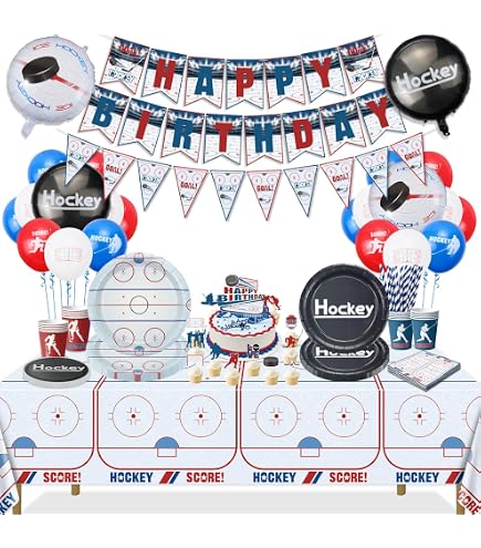 Ensemble de fournitures de fête d'anniversaire de hockey de la LNH – 8 assiettes, 16 serviettes, 8 assiettes à gâteau, 8 tasses, 1 nappe, 8 ballons, 1 ballon en aluminium, 8 sacs Ensemble de fournitures de fête d'anniversaire de hockey de la LNH – 8 assiettes, 16 serviettes, 8 assiettes à gâteau, 8 tasses, 1 nappe, 8 ballons, 1 ballon en aluminium, 8 sacs