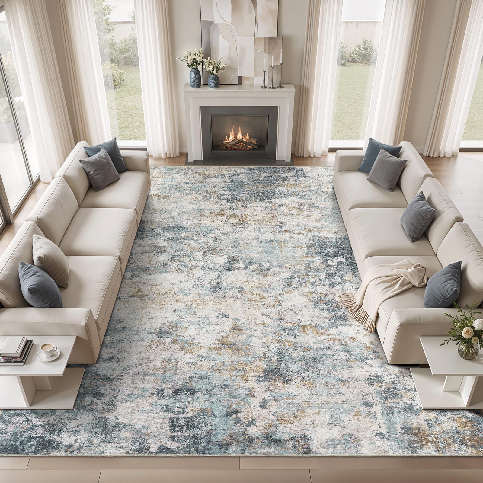 WITSHOCK 12x15 Area Rugs for Living Room : Machine Washable - Non Slip Modern Abstract Rug for Bedroom Under Dining - Stain Resistant for Household - Pet Owners (Blue Gold)