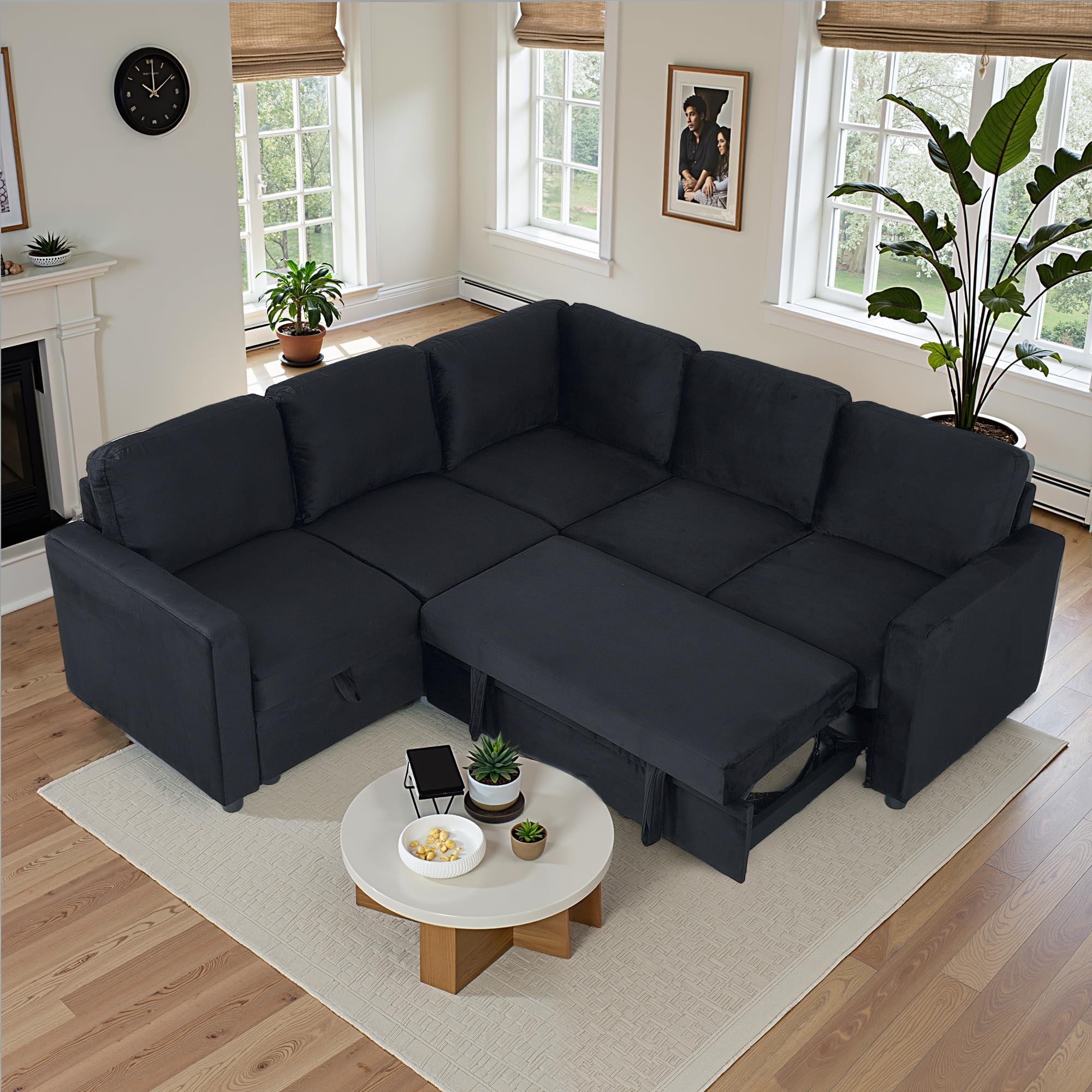 Photo 1 of ChicFurnit Couch, Sofa Bed, 83" Pull Out Sleeper Couch with Storage Chaise, Convertible L Shaped Sofa for Living Room, Apartment, Black