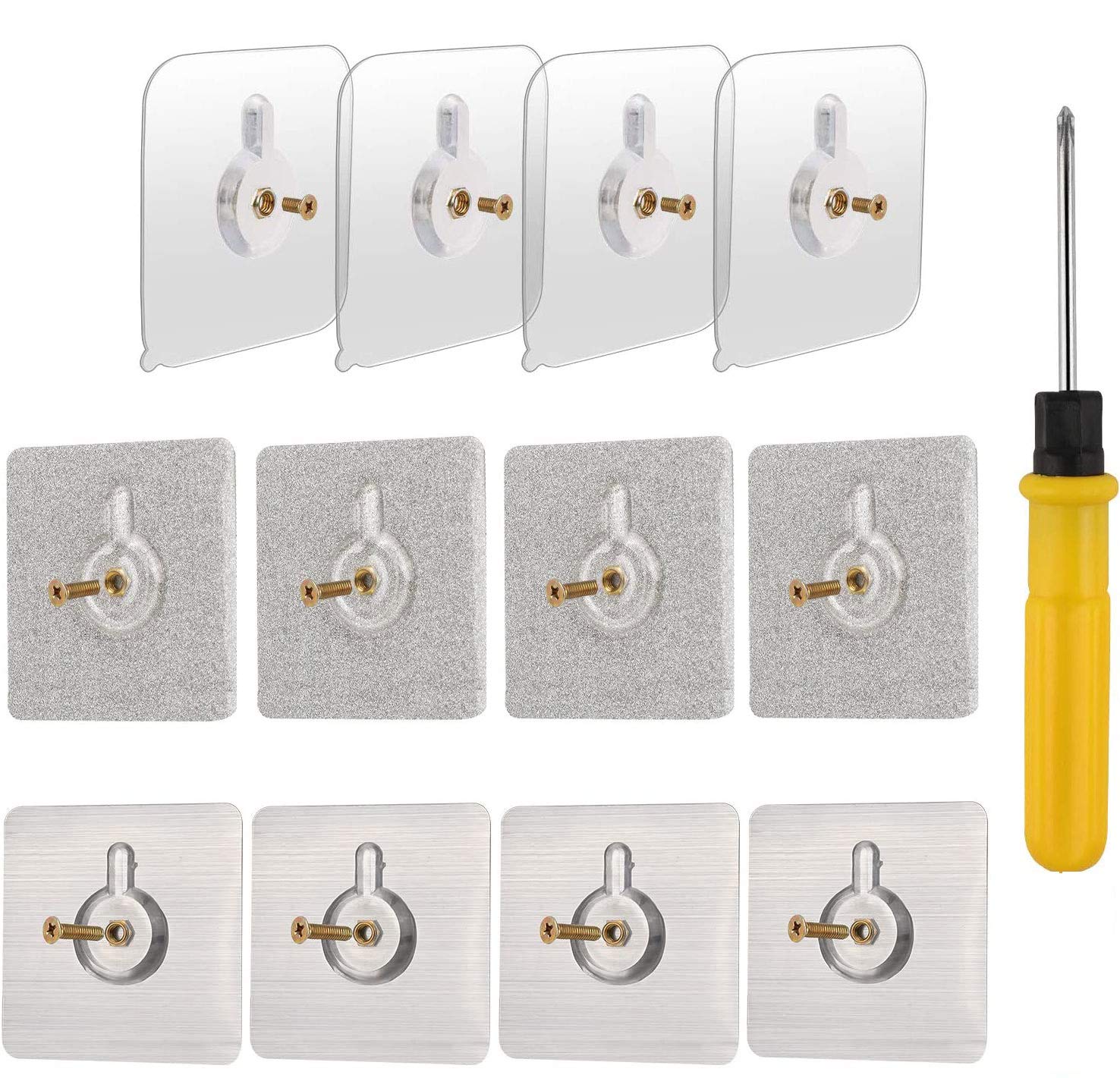 OOTSR 12-Set 60x60mm Detachable Adhesive Screws Wall Mount Stick-on Sticky Hanging Nails No-Trace No Drilling with Screwdriver for Bathroom Kitchen Storage Room Tile Wall Shower Room