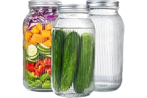 I00000 64oz Mason Jars, 3Pack Wide Mouth Mason Jars for Pickling, Canning, Fermenting and Food Storage, Clear Vertical Stripe