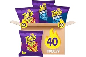 Takis 40 pc / 1 oz Variety Pack - Fuego & Blue Heat Flavored Rolled Tortilla Chips - (20) Fuego, (20) Blue Heat - Perfect for Tailgates, Parties, or the Office