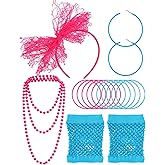 Blulu 80s Costume Accessories for Women Lace Headband Earrings Fishnet Gloves Necklace Bracelet for 80s Retro Party