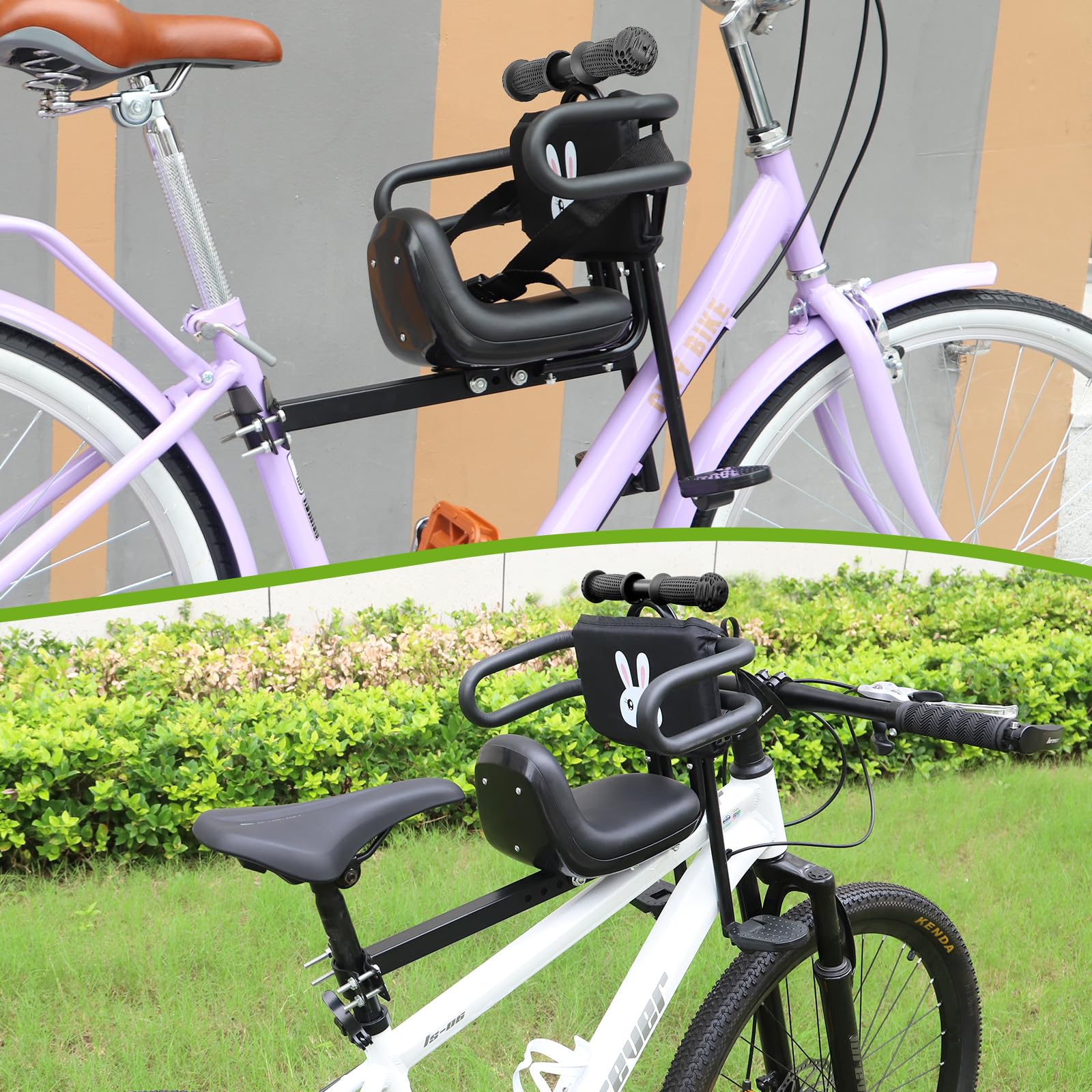 MEGHNA Bike Child Seat Front Mounted for Adult Bike Comfortable Baby Bike Seat with Backrest Adjustable Height and Position Bicycle Child Seat with Foot Pedals for Baby Toddle (Black - Style 1)