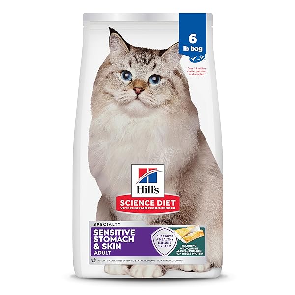 HILL’S SCIENCE DIET ADULT SENSITIVE STOMACH & SKIN DRY CAT FOOD, POLLOCK MEAL & BARLEY RECIPE, 6 LB. BAG (UPDATED FORMULA)