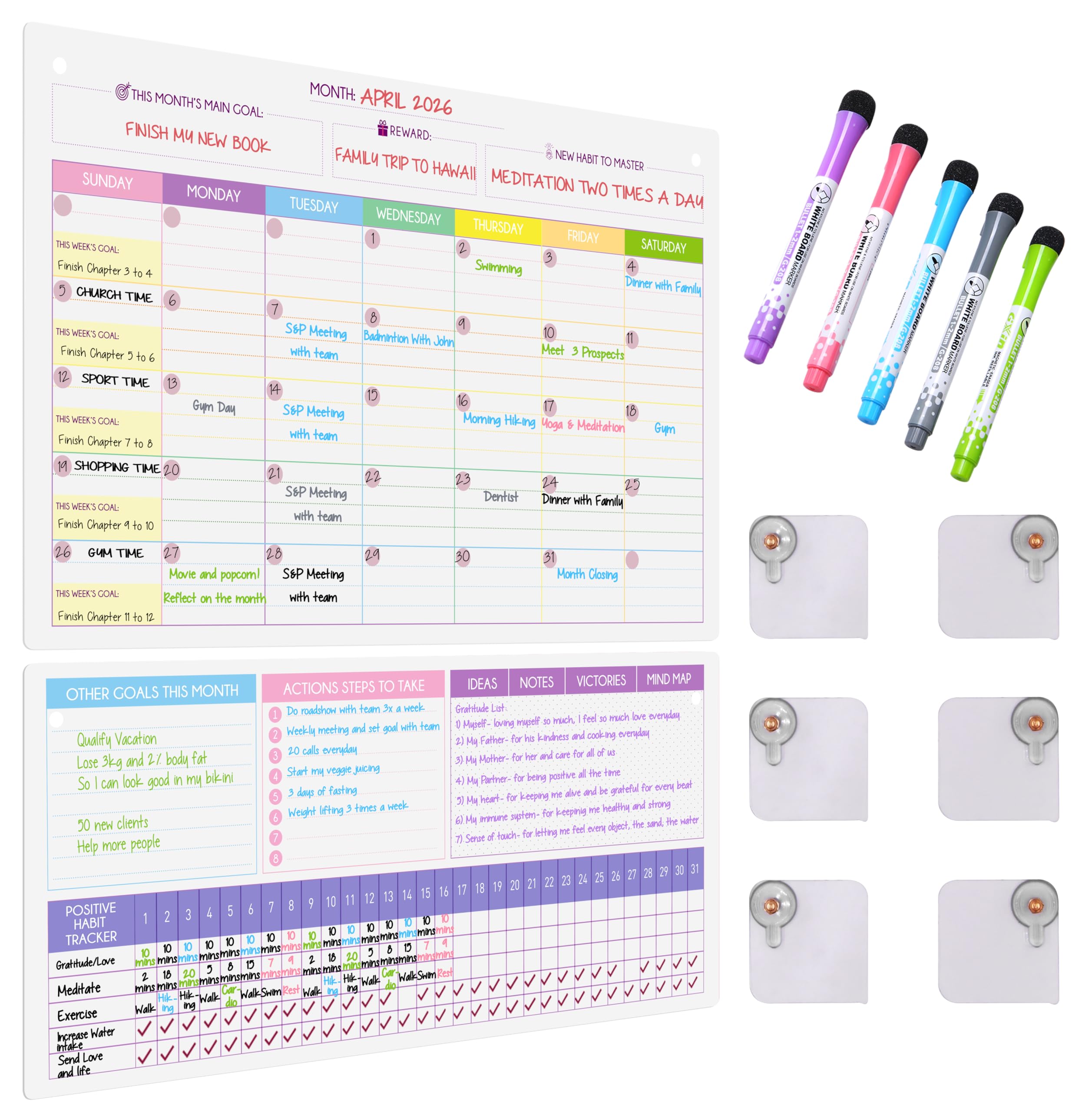 Photo 1 of Magnetic Whiteboard for Fridge - Large Dry Erase Calendar for Wall | 2 Magnetic Dry Erase Board 10.5" x 16.5" & 7" x 16.5", Monthly Goal Setting & Habit Tracker, 5 Markers and 6 Adhesive Hooks