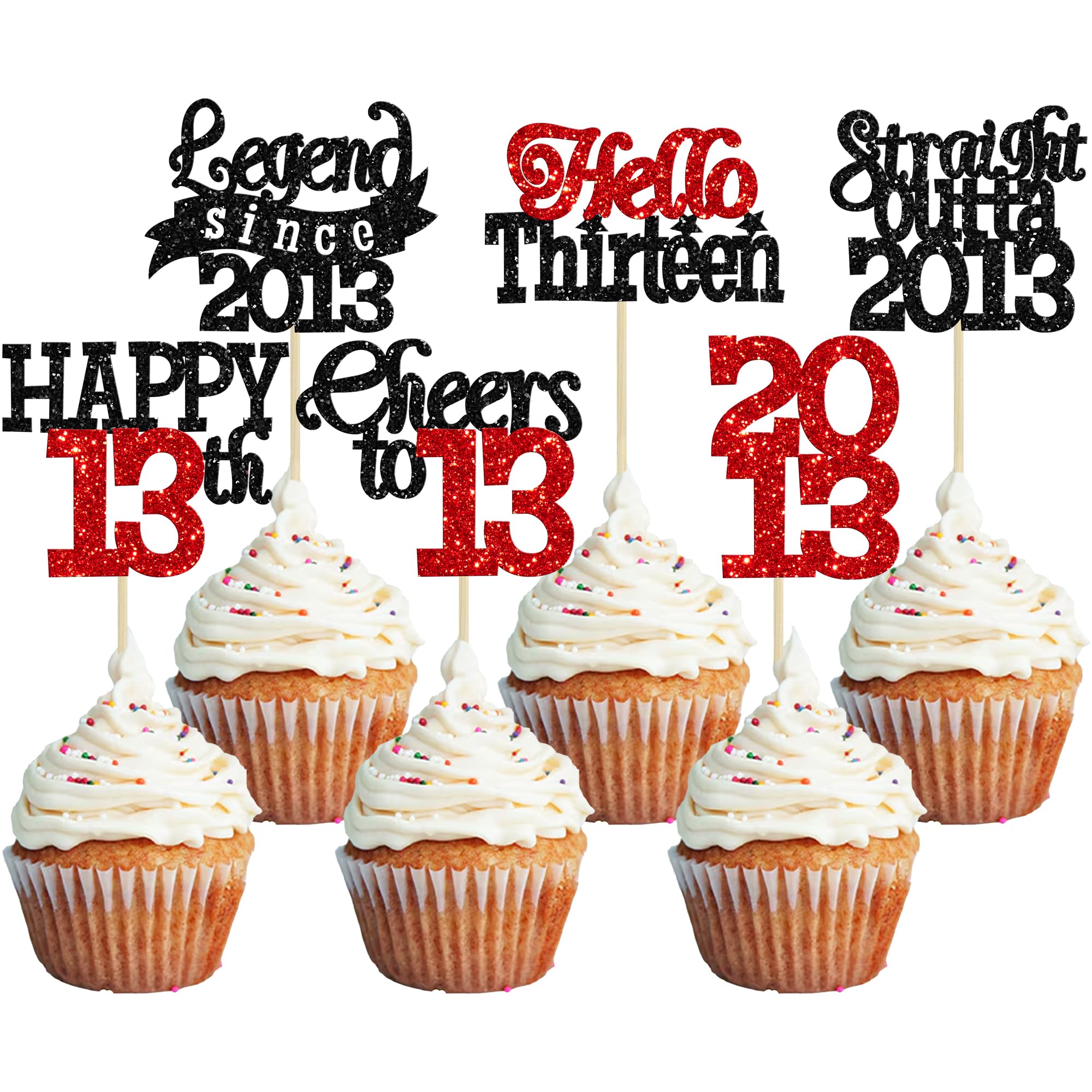 Gyufise 24Pcs Happy 13th Birthday Cupcake Toppers Hello Thirteen Legend Since 2013 Cupcake Picks Cheers to 13 Years Cake Decorations for 13th Birthday Anniversary Party Decorations Supplies Black Red