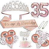 Hysilla 35th Birthday Set - Sash, Crown, Cake Topper, Balloons, Pin & Candle, Rose Gold
