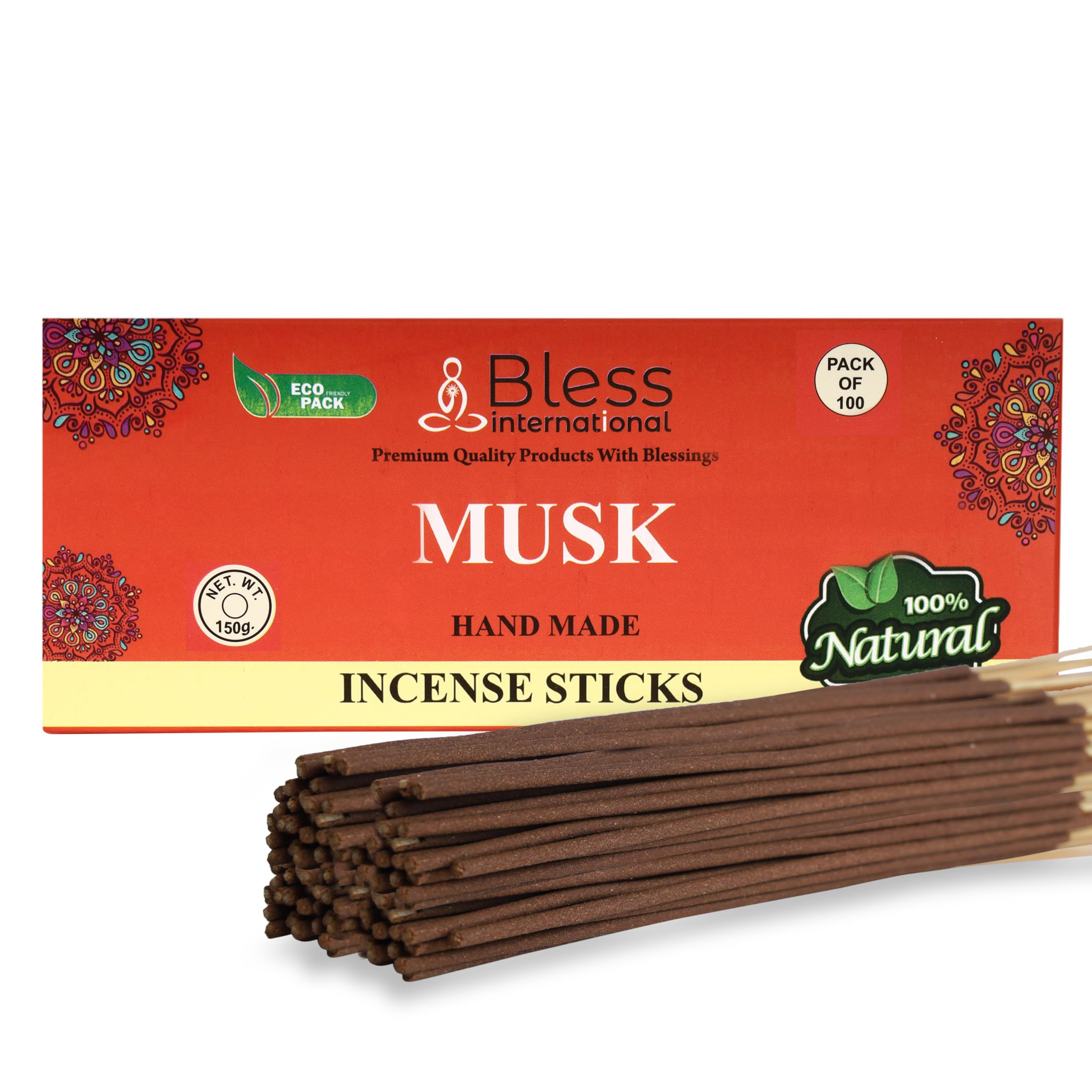 Bless-MUSK Incense Sticks 100% Natural Handmade Hand-Dipped Incense Organic Chemicals-Free For Purification, Relaxation, Positivity, Yoga, Meditation - The Best Woods Scent (100 Sticks, 150GM)