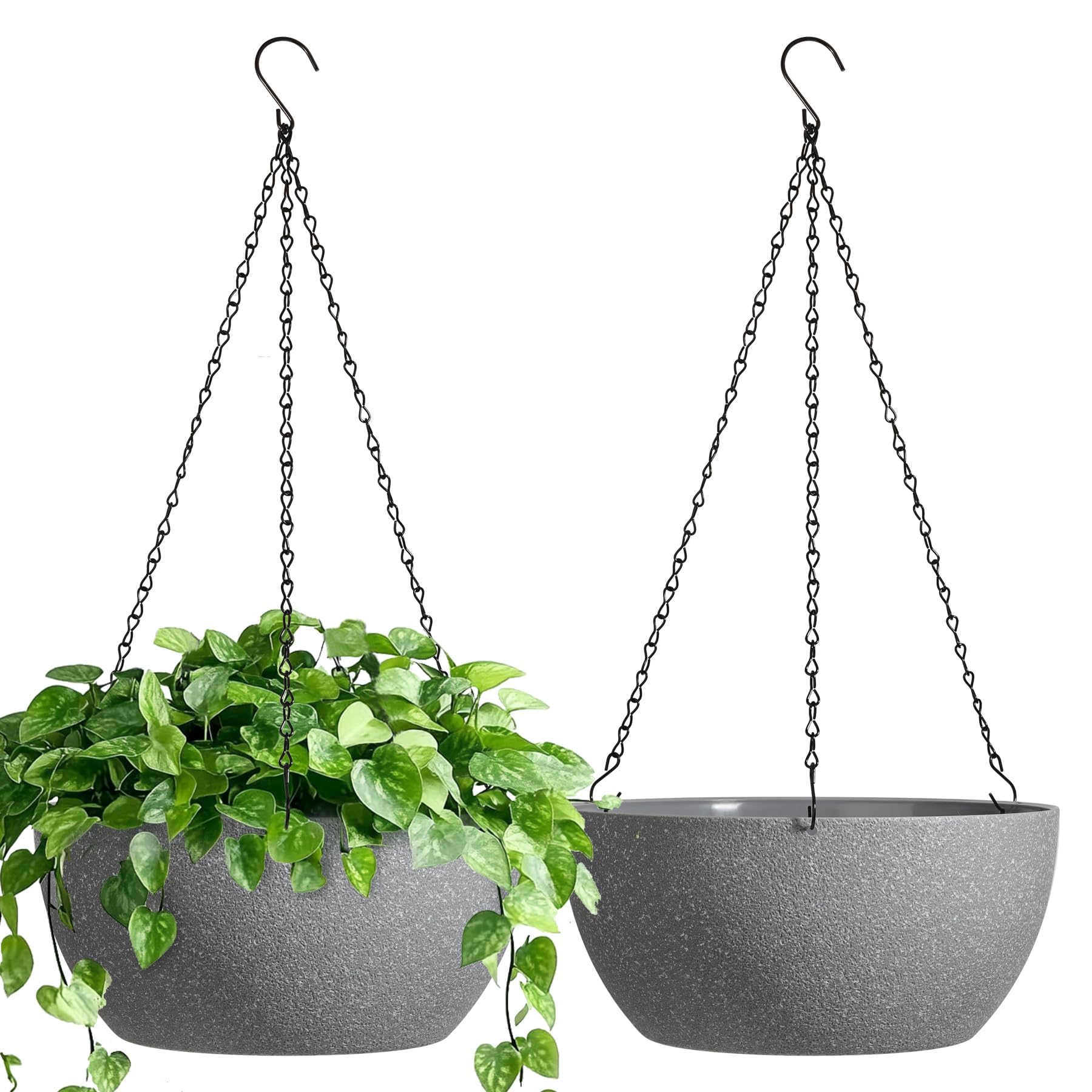 T4U Hanging Planters for Indoor Outdoor Plants 2 Pack - 12 Inch Grey Hanging Plant Basket with Drainage Hole, Round Hanging Flower Plant Pot for Garden Home Decor(Grey) Image