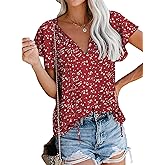 SimpleFun Women's Boho Tops Floral V Neck Short Sleeve Summer Blouse Shirts