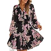 ZESICA Womens Spring Summer Floral Mini Dress Long Sleeve Button Chiffon A Line Swing Short Wedding Guest Party Dresses
