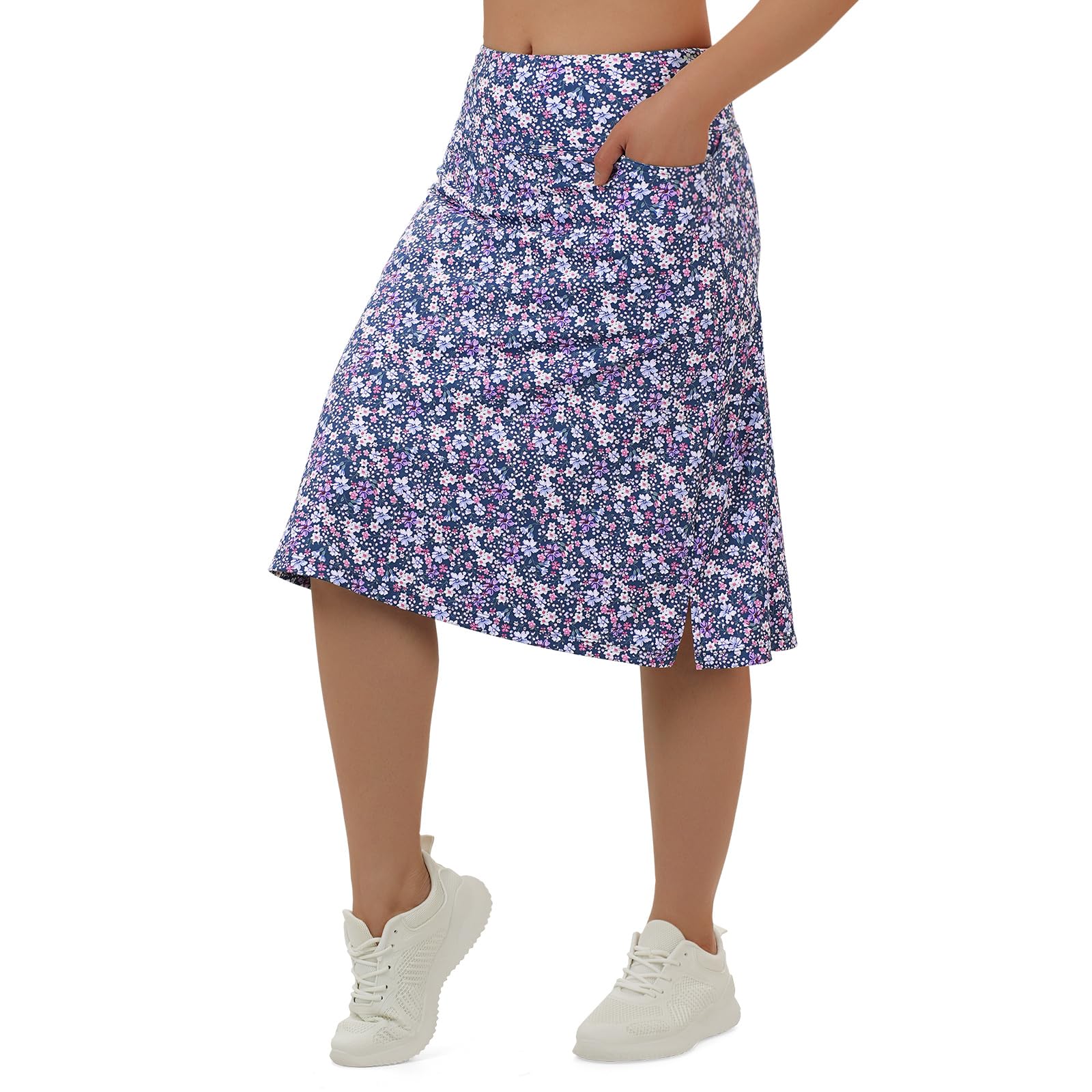 beroy Women's Midi Length Skort Skirts with 3 Pockets Modest Skirts Women's 24" Knee Length Skorts NavyFloral XL Image