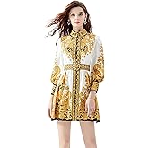 LAI MENG FIVE CATS Women's Floral Print Lantern Sleeve Button Casual A-line Mini Dress with Belt