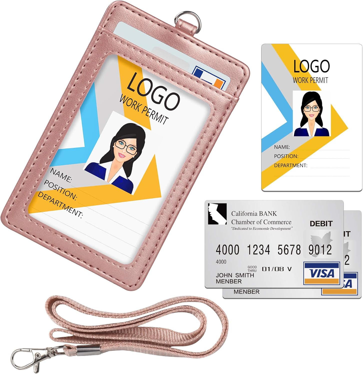 Leather ID Badge Holder, Vertical PU Leather ID Badge Holder with 1 Clear ID Window & 1 Credit Card Slot and a Detachable Neck Lanyard (Rose Gold) : Office Products