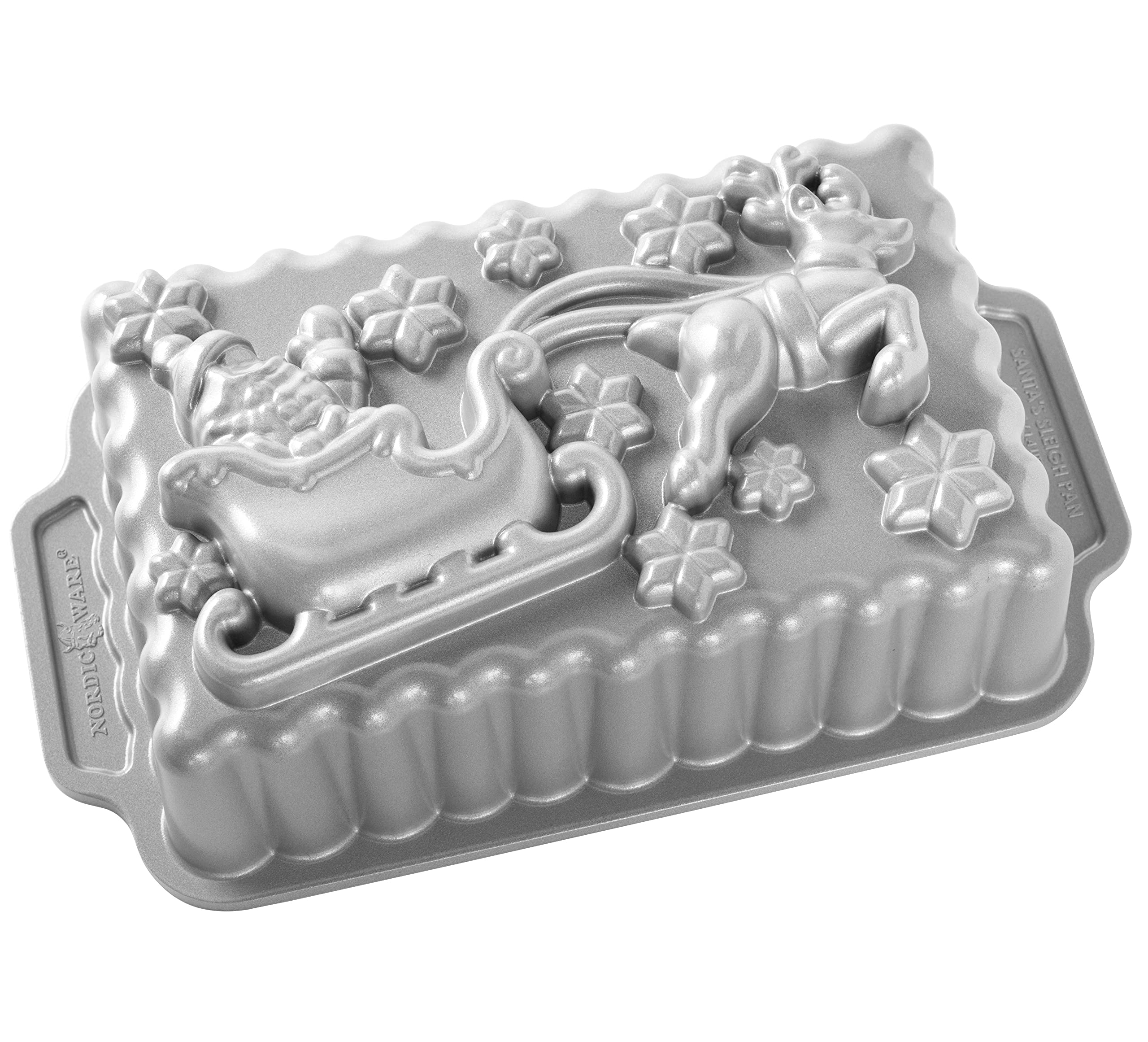 Nordic Ware Santa's Sleigh Loaf Pan, Christmas Cast Aluminium Bundt Tin, Bundt Cake Tin with Santa Pattern, Cake Mould Made in The USA, Colour: Silver