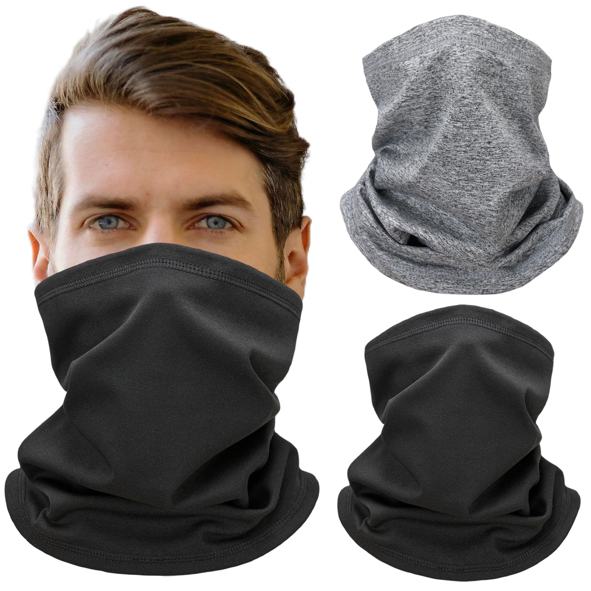 Photo 1 of 2 Pack Winter Neck Warmer & Ski Face Mask for Men&Women - Cold Weather Fleece Neck Gaiter for for Skiing, Running, Motorcycle (Black + Light grey)