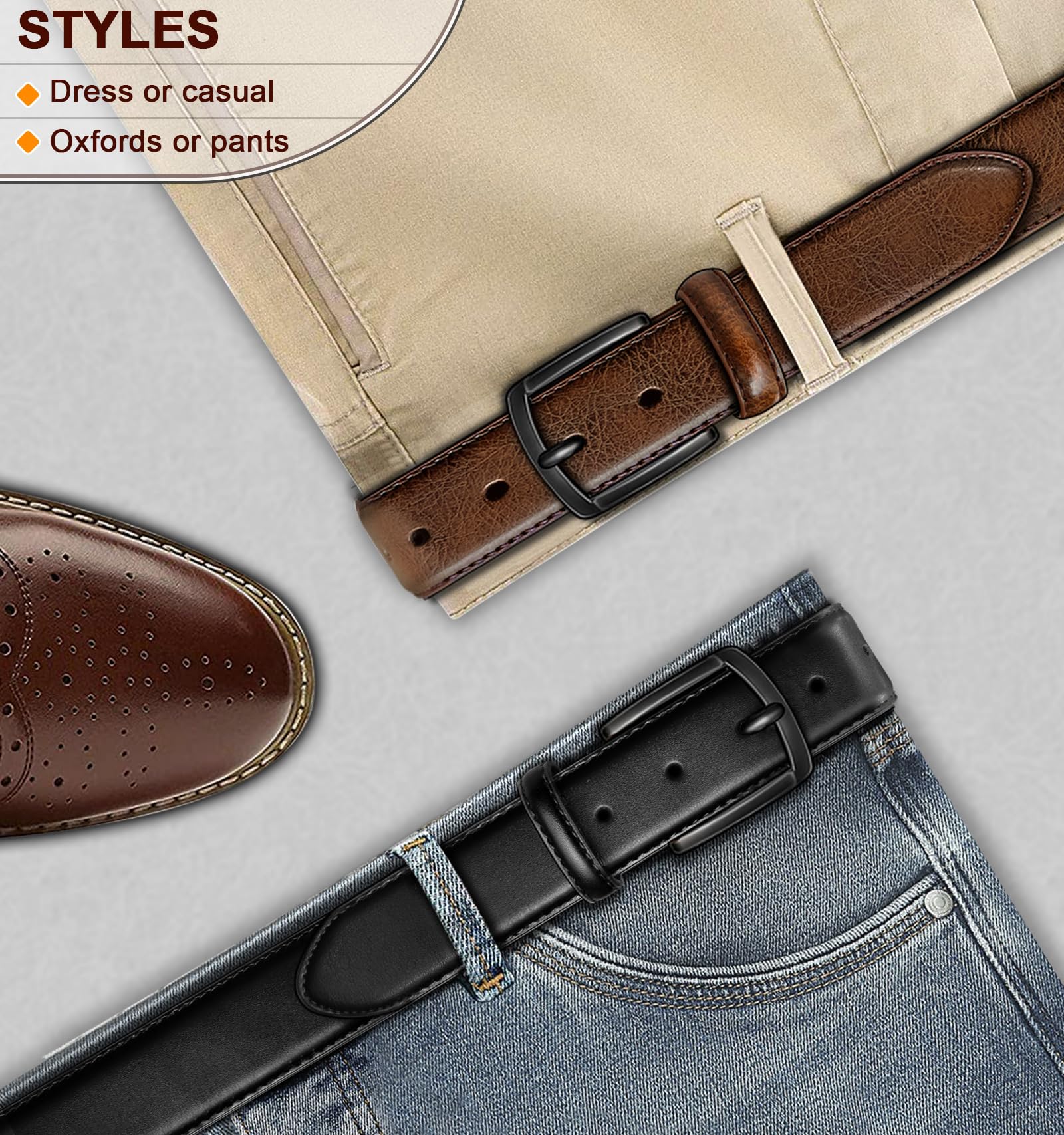 BULLIANT Men Belt 2Pack-Leather Belt 7Holes Comfortable For Men's Dress Casual Jeans 1 3/8