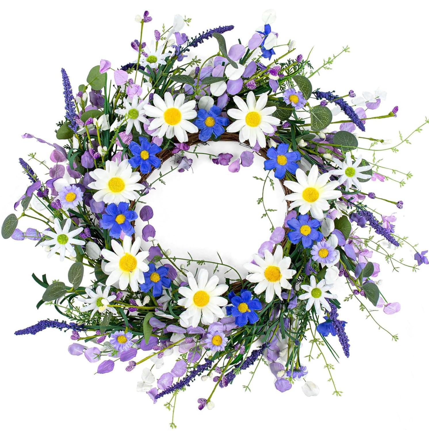 Photo 1 of 18 Inches Spring Wreath for Front Door Country Summer Door Wreaths Farmhouse Spring Floral Wreath with Bluebonnet White Sunflowers Wildflowers for Window Wall Porch Indoor Outside Hanging Decoration