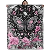 SOMEKLLY Mystical Moth and Moon Throw Blanket Soft Cozy Lightweight Flannel Blankets with Pink Floral and Mushroom Printed for Adults Bedroom Dorm Office Gothic Celestial Decor Gifts 50x60 Inch