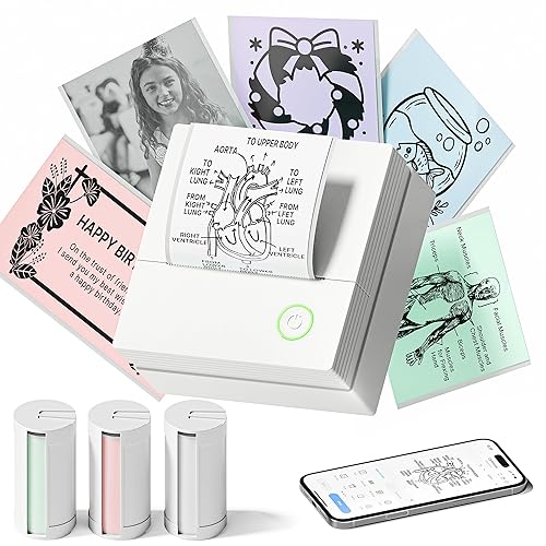 TYPONOS Sticker Printer, PM290 Mini Printer, Bluetooth Sticker Maker Machine with 3 Rolls Paper, Mini thermal printer for Study Notes, Journal, Lists, Pictures, DIY Gifts for School Office Home, White