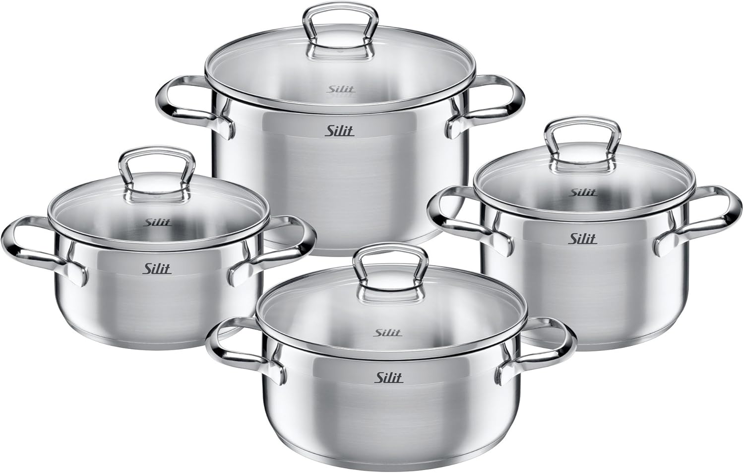 WMF Pot Set 4 Piece Toskana Pouring Rim Glass Lid Stainless Steel