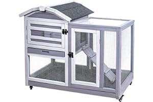 GEGURI Rabbit Hutch Indoor Rabbit Cage Outdoor, Wooden Bunny Cages for Guinea Pig with Wheels, Removable Tray, Ramp