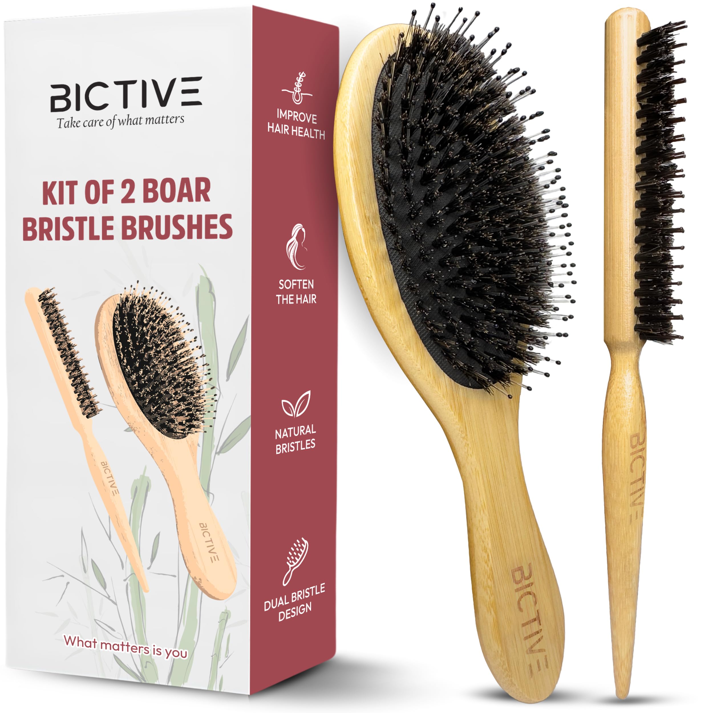 BICTIVE® Boar Bristle Hair Brush Kit for All Hair Types. Smoothing Hair Brush and Slick Back Brush. Natural and Nylon Mixed Bristles for Detangling. Restore Shine and Texture. Massage the Scalp.