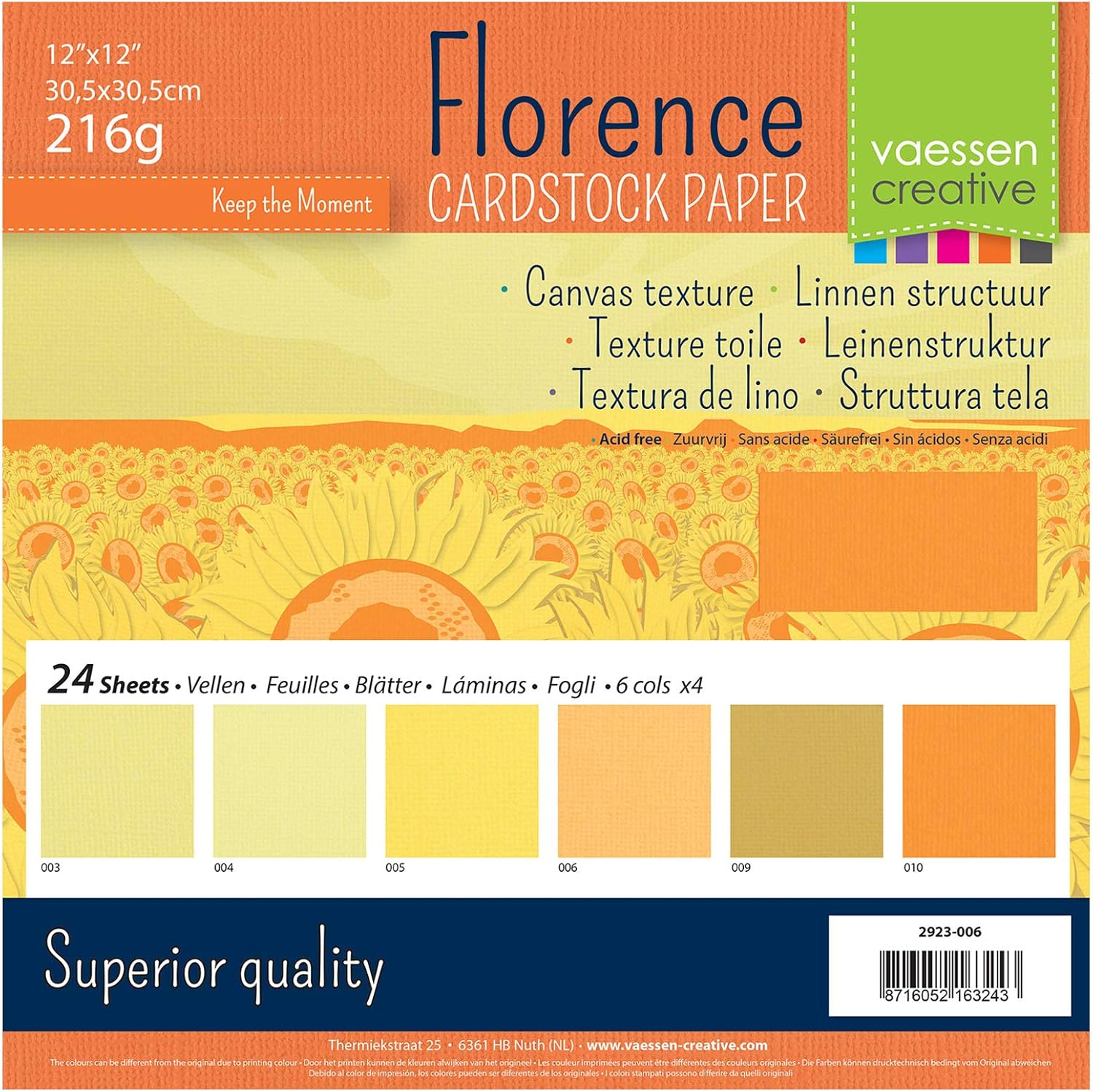 Vaessen Creative Florence Cardstock Textured - Coloured Card Making Supplies 12 x 12 inch - Yellow - 24 Sheets