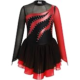 AFAVOM Figure Skating Dress for Girls Long Sleeve Mesh Rhinestones Ice Skating Dresses Ballet Leotard Competition Dancewear
