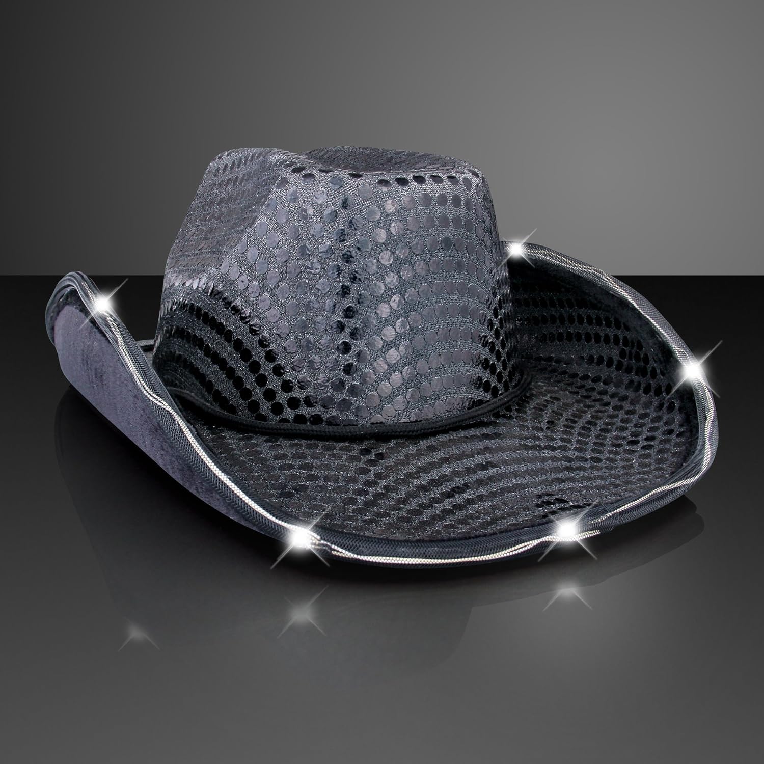 FlashingBlinkyLights Black Sequin Light Up LED Cowboy Hat: Clothing